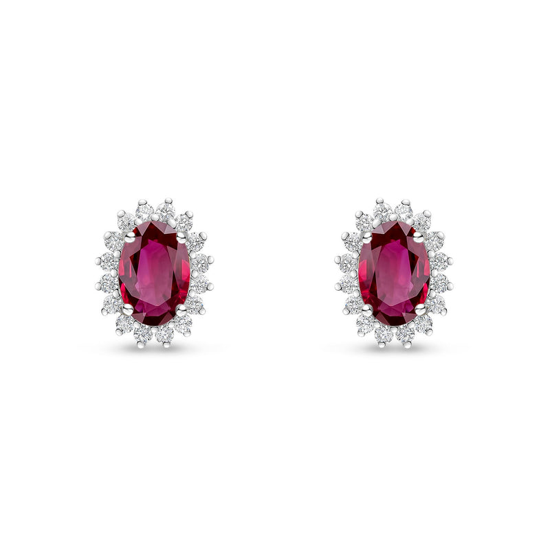 18ct White Gold Oval Natural Ruby & Diamond Claw Set Cluster Stud Earrings — 6x4mm