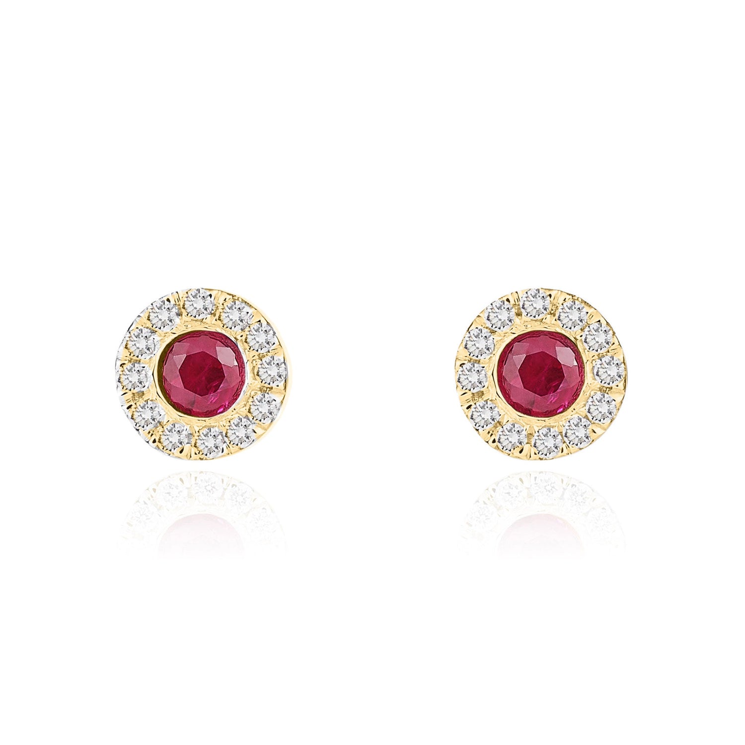 18ct Yellow Gold Round Natural Ruby and Diamond Cluster Earrings — 3mm