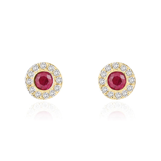 18ct Yellow Gold Round Natural Ruby and Diamond Cluster Earrings — 3mm