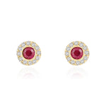 18ct Yellow Gold Round Natural Ruby & Diamond Cluster Stud Earrings — 3mm