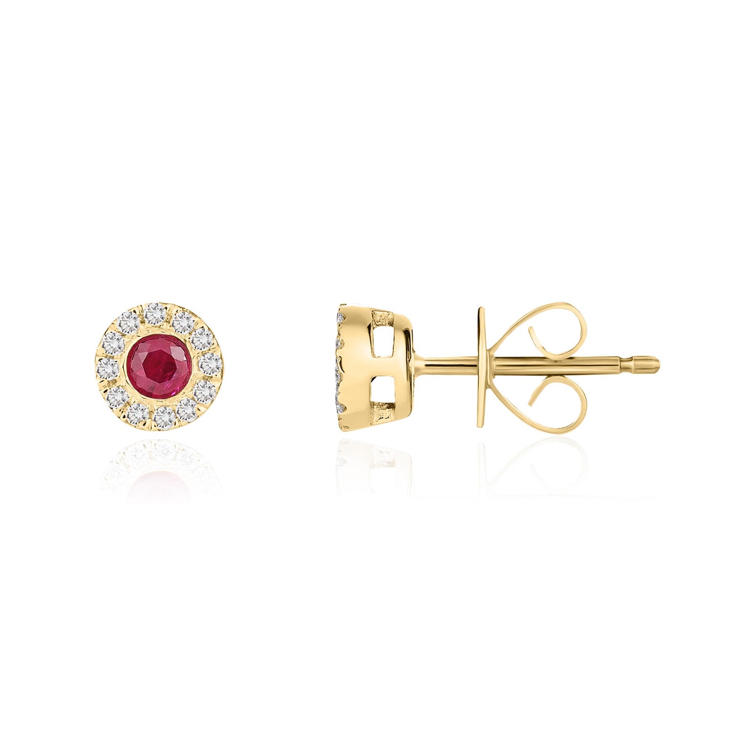 18ct Yellow Gold Round Natural Ruby and Diamond Cluster Earrings — 3mm