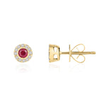 18ct Yellow Gold Round Natural Ruby & Diamond Cluster Stud Earrings — 3mm