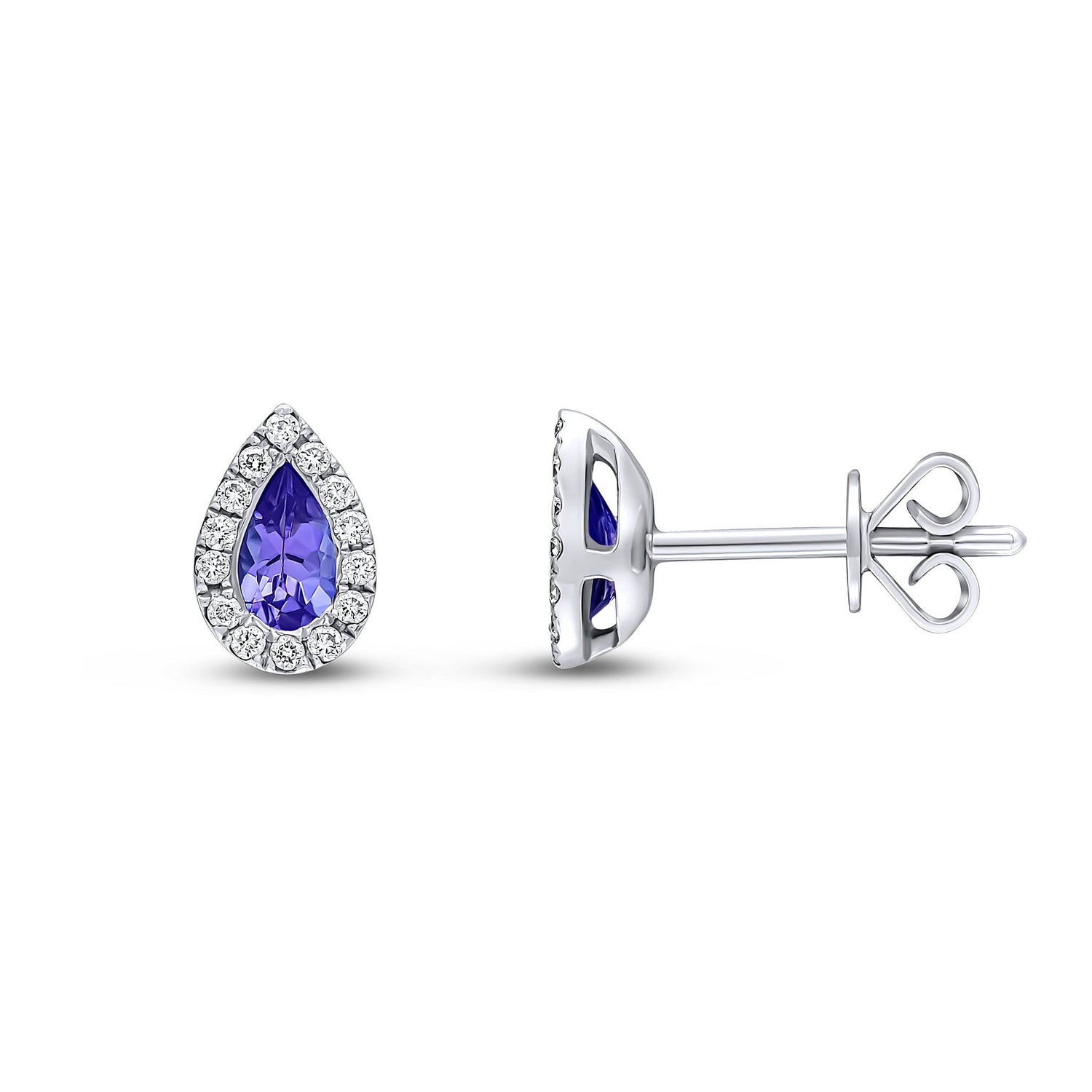 18ct White Gold Pear Shaped Natural Tanzanite and Diamond Cluster Stud Earrings — 5x3mm