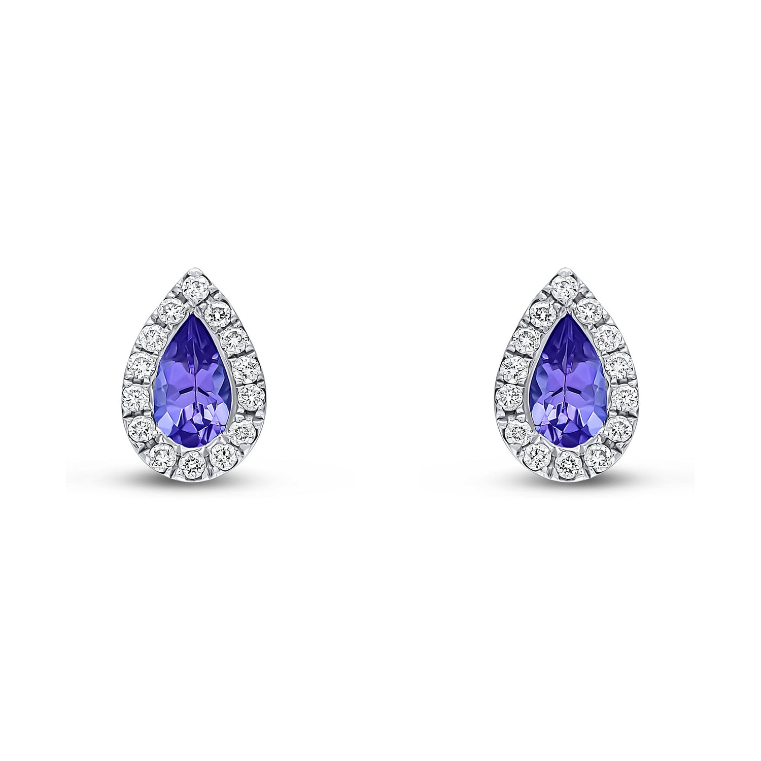 18ct White Gold Pear Shaped Natural Tanzanite and Diamond Cluster Stud Earrings — 5x3mm