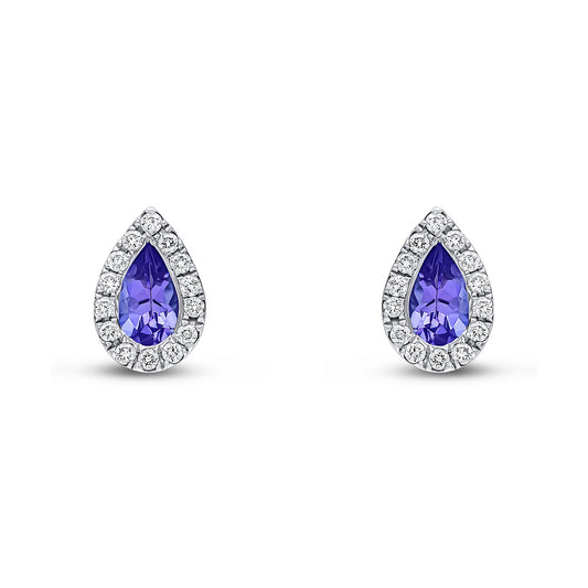 18ct White Gold Pear Shaped Natural Tanzanite and Diamond Cluster Stud Earrings — 5x3mm