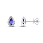 18ct White Gold Pear Shaped Natural Tanzanite & Diamond Cluster Stud Earrings — 5x3mm