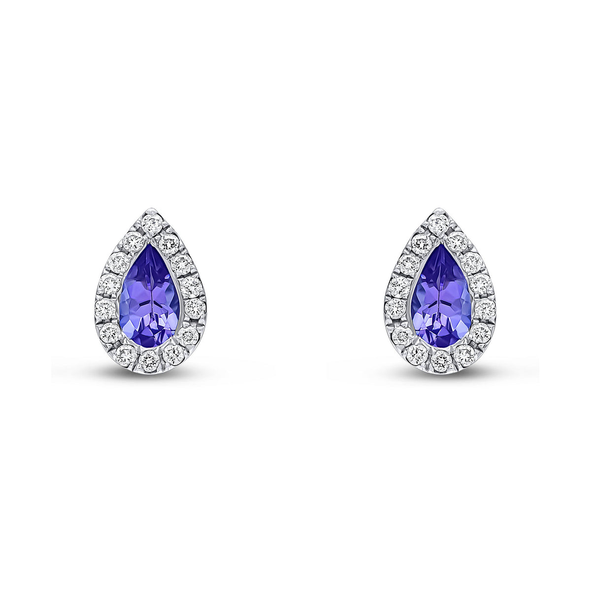 18ct White Gold Pear Shaped Natural Tanzanite & Diamond Cluster Stud Earrings — 5x3mm