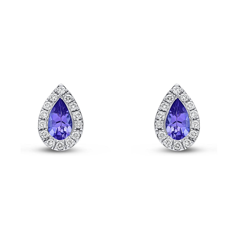 18ct White Gold Pear Shaped Natural Tanzanite & Diamond Cluster Stud Earrings — 5x3mm