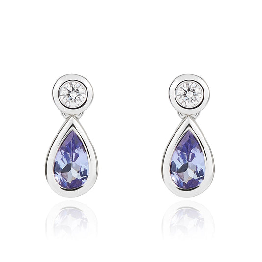 18ct White Gold Pear Tanzanite & Diamond Two Stone Drop Earrings