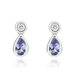 18ct White Gold Pear Shaped Natural Tanzanite & Diamond Two Stone Rubover Drop Earrings — 5x3mm