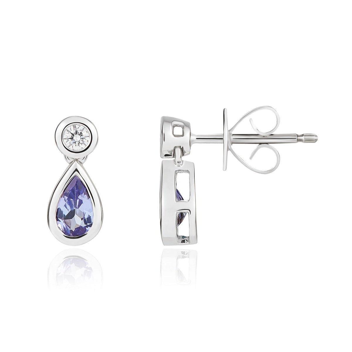 18ct White Gold Pear Shaped Natural Tanzanite & Diamond Two Stone Rubover Drop Earrings — 5x3mm