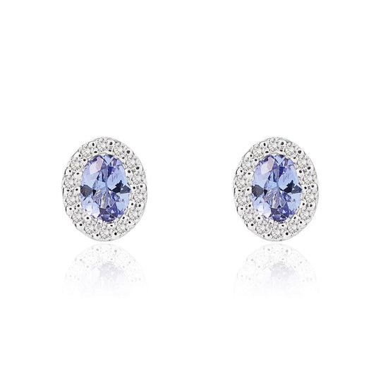 18ct White Gold Oval Tanzanite & Diamond Cluster Stud Earrings