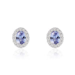 18ct White Gold Oval Natural Tanzanite & Diamond Microset Cluster Stud Earrings — 4x3mm