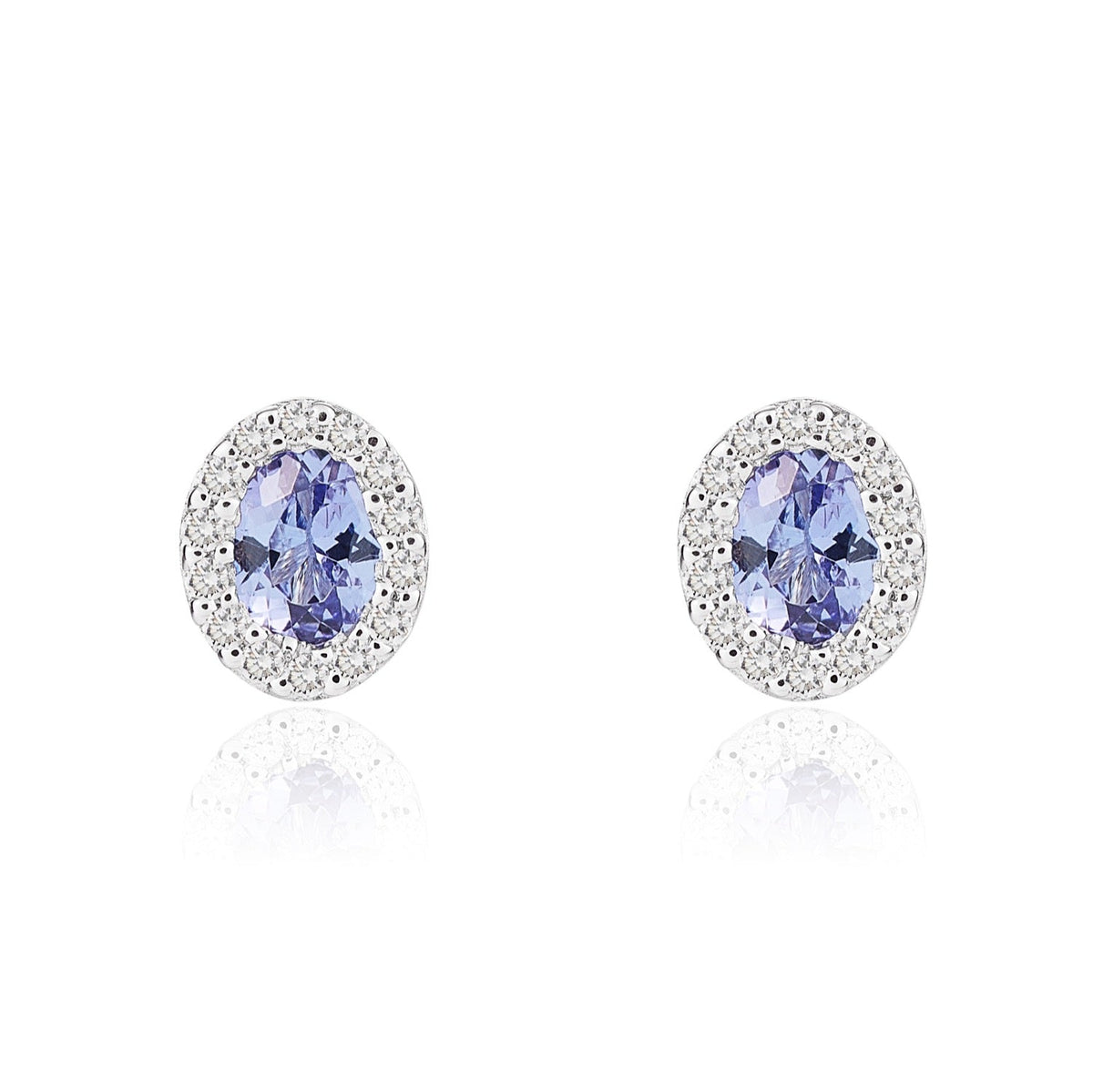 18ct White Gold Oval Natural Tanzanite & Diamond Microset Cluster Stud Earrings — 4x3mm