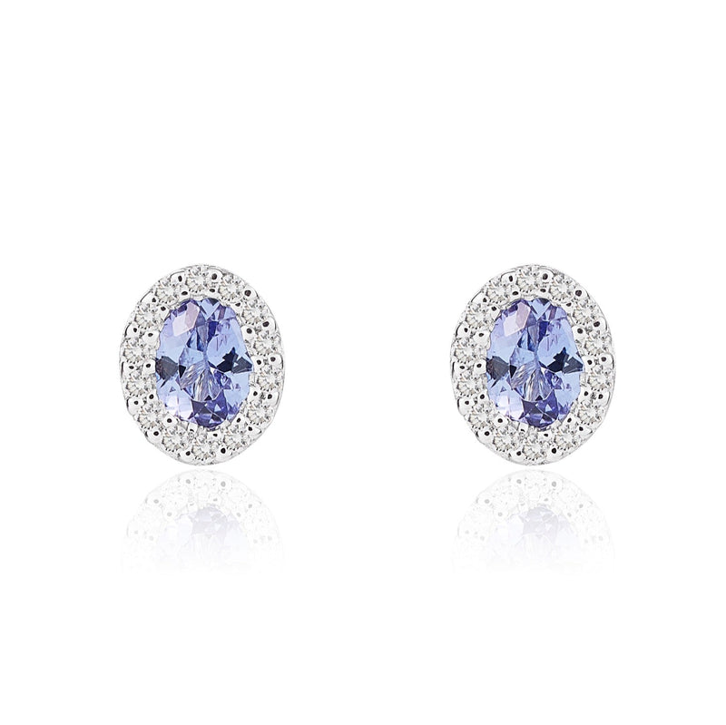 18ct White Gold Oval Natural Tanzanite & Diamond Microset Cluster Stud Earrings — 4x3mm