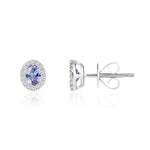 18ct White Gold Oval Natural Tanzanite & Diamond Microset Cluster Stud Earrings — 4x3mm