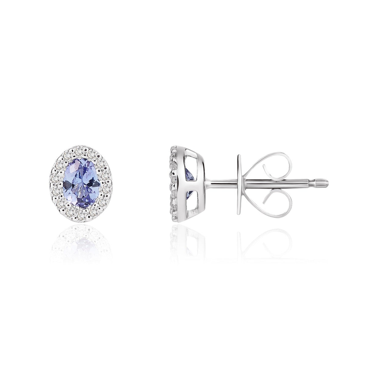 18ct White Gold Oval Natural Tanzanite & Diamond Microset Cluster Stud Earrings — 4x3mm