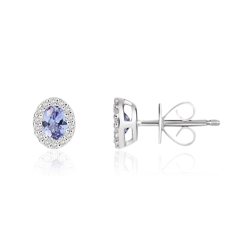 18ct White Gold Oval Natural Tanzanite & Diamond Microset Cluster Stud Earrings — 4x3mm