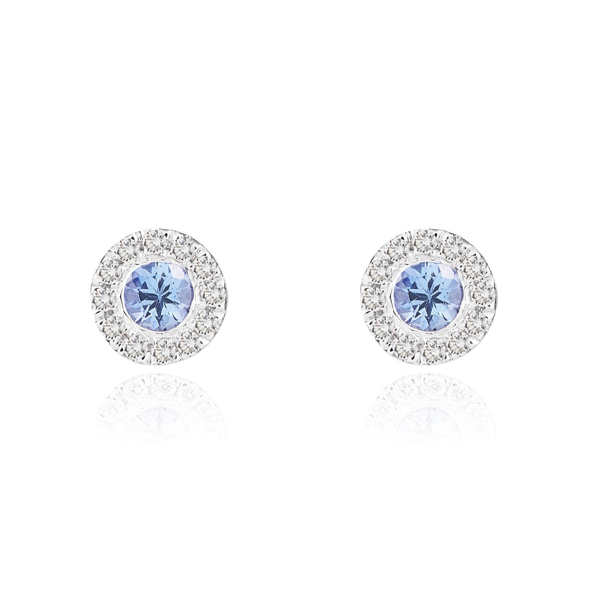 18ct White Gold Round Natural Tanzanite & Diamond Cluster Stud Earrings — 3mm