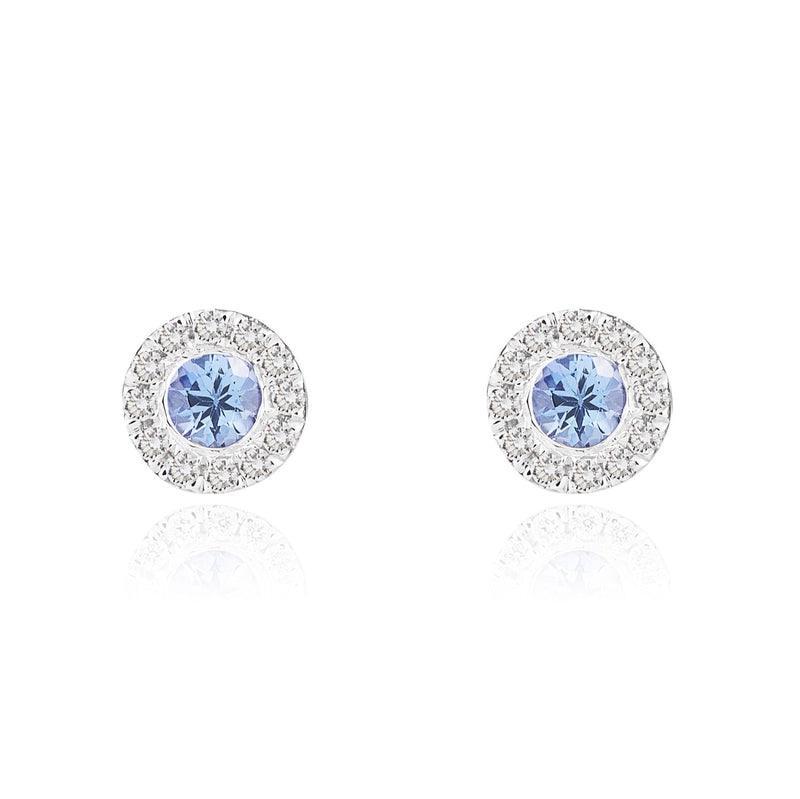 18ct White Gold Round Natural Tanzanite & Diamond Cluster Stud Earrings — 3mm