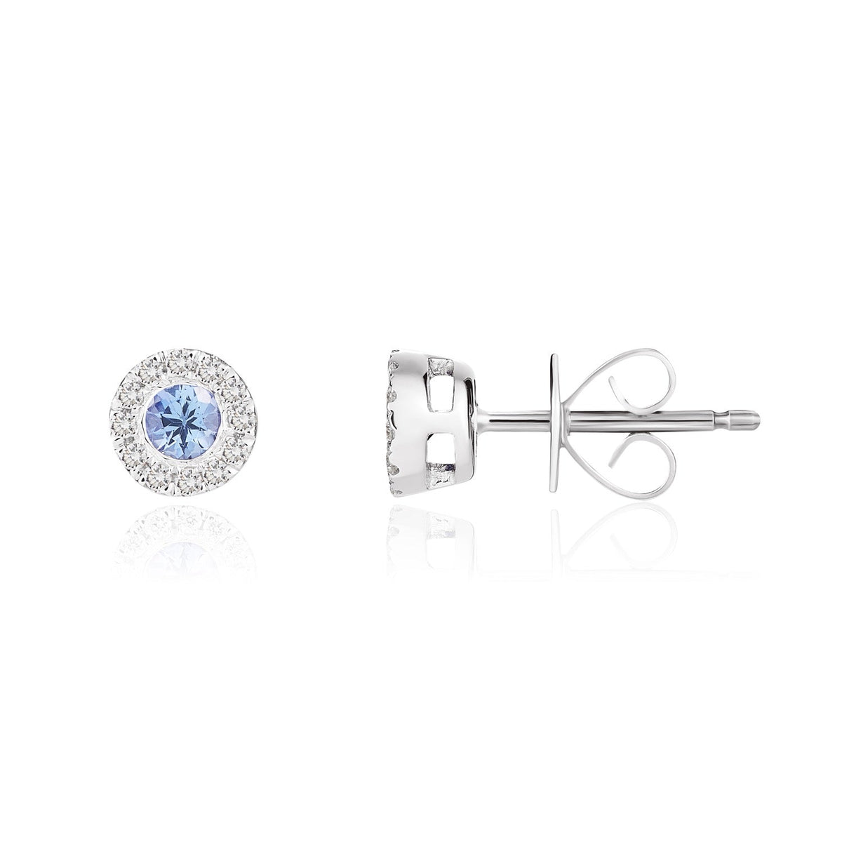 18ct White Gold Round Natural Tanzanite & Diamond Cluster Stud Earrings — 3mm