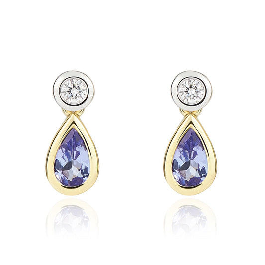 18ct Yellow & White Gold Pear Tanzanite & Diamond Two Stone Drop Earrings