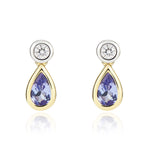 18ct Yellow and White Gold Pear Shaped Natural Tanzanite & Diamond Two Stone Rubover Drop Earrings — 5x3mm