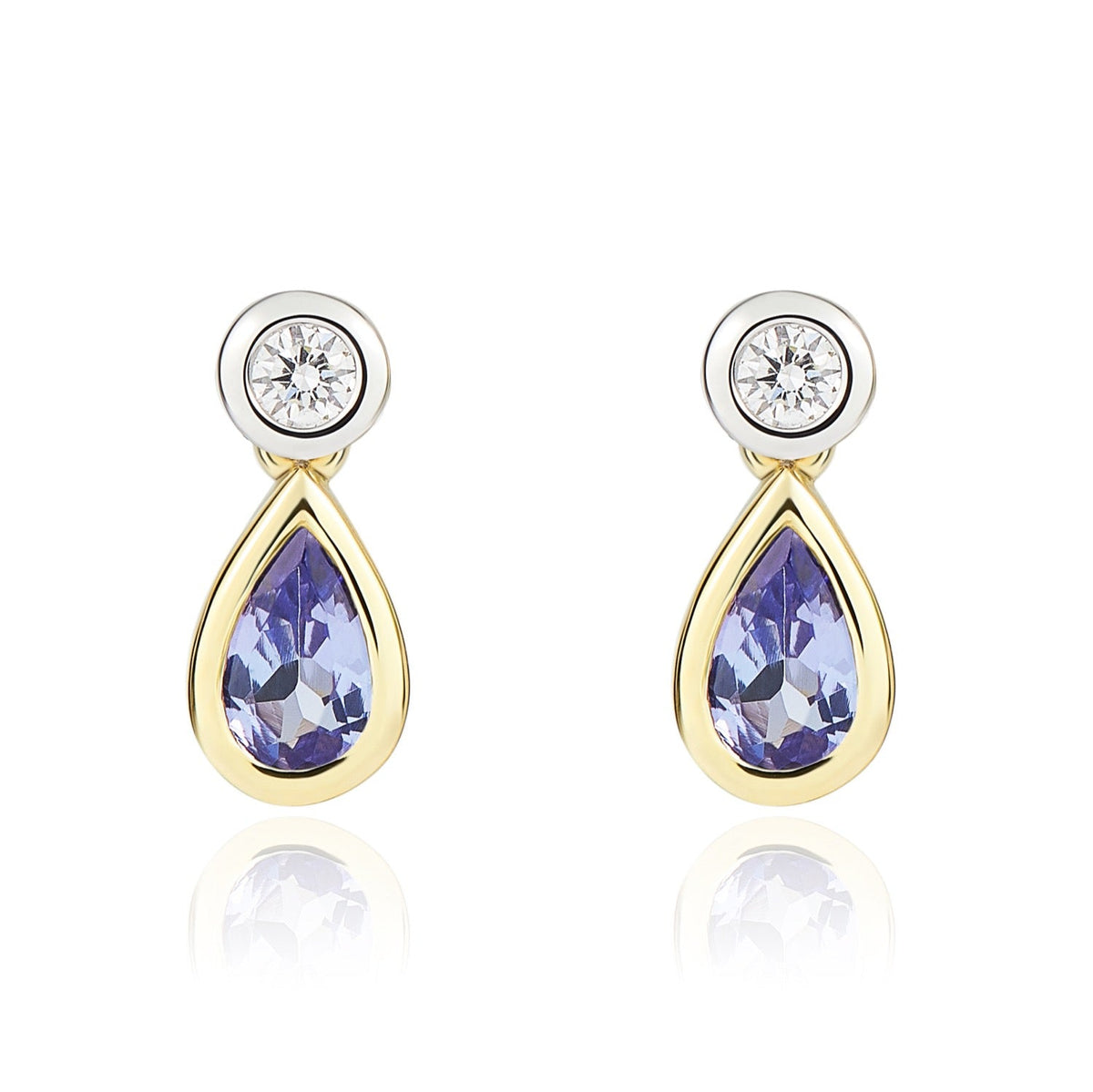 18ct Yellow and White Gold Pear Shaped Natural Tanzanite & Diamond Two Stone Rubover Drop Earrings — 5x3mm