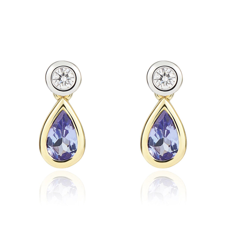 18ct Yellow and White Gold Pear Shaped Natural Tanzanite & Diamond Two Stone Rubover Drop Earrings — 5x3mm