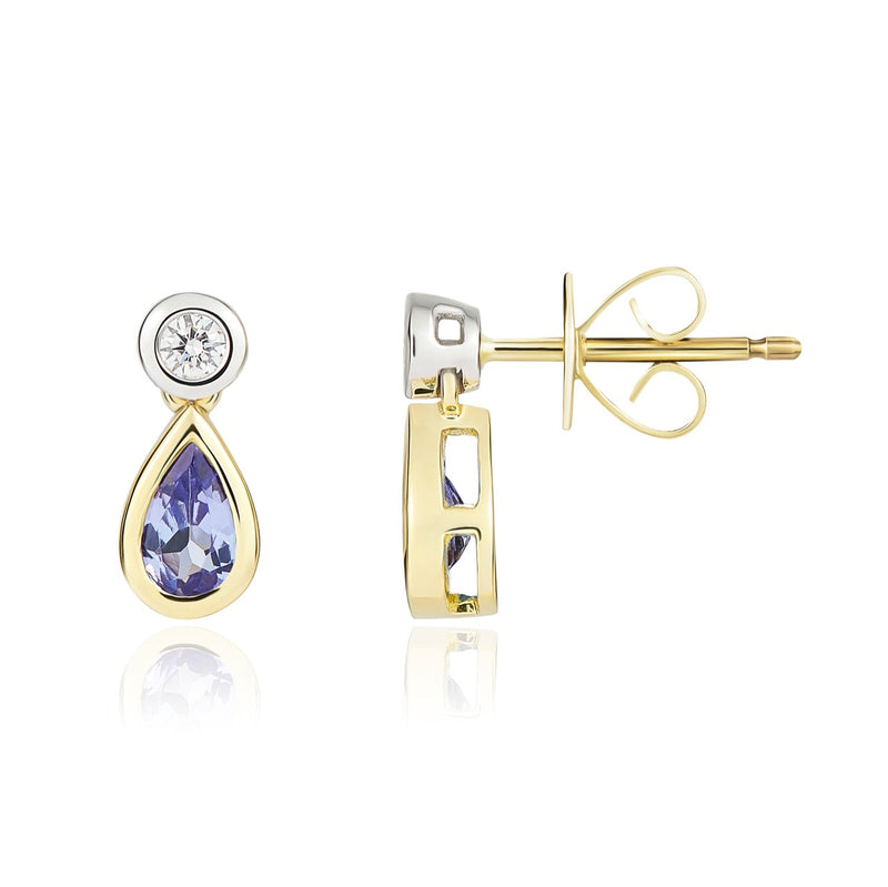 18ct Yellow and White Gold Pear Shaped Natural Tanzanite & Diamond Two Stone Rubover Drop Earrings — 5x3mm