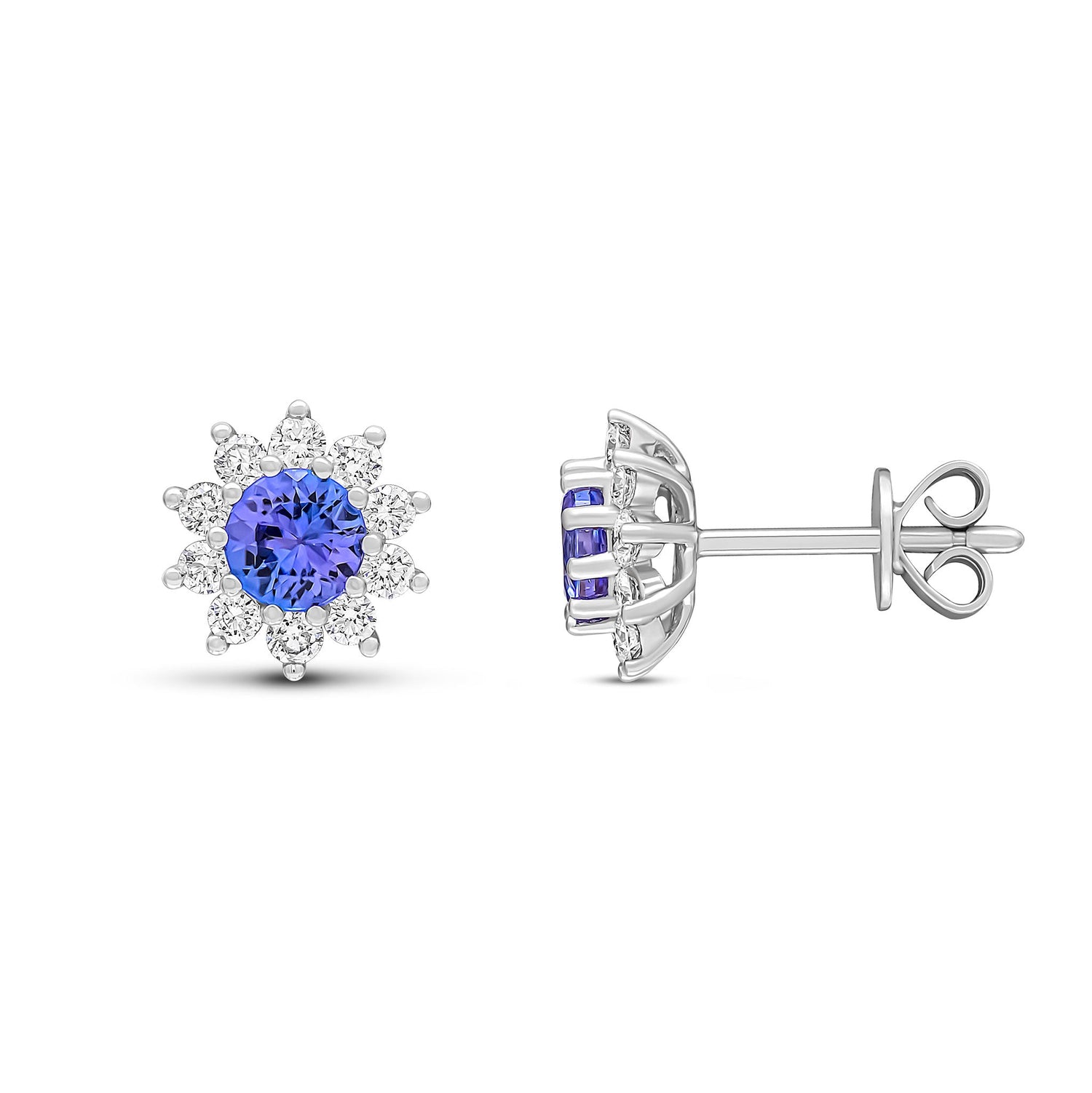 18ct White Gold Round Natural Tanzanite and Diamond Fancy Cluster Stud Earrings — 4.5mm
