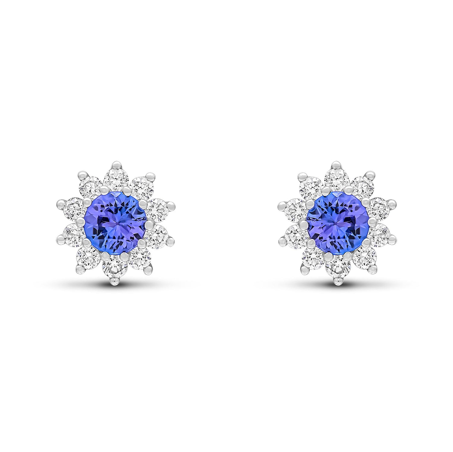 18ct White Gold Round Natural Tanzanite and Diamond Fancy Cluster Stud Earrings — 4.5mm
