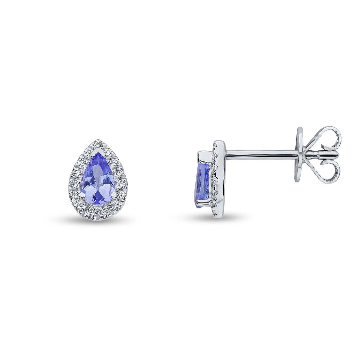 18ct White Gold Pear Shaped Natural Tanzanite and Round Diamond Claw Set Cluster Stud Earrings — 5x3mm
