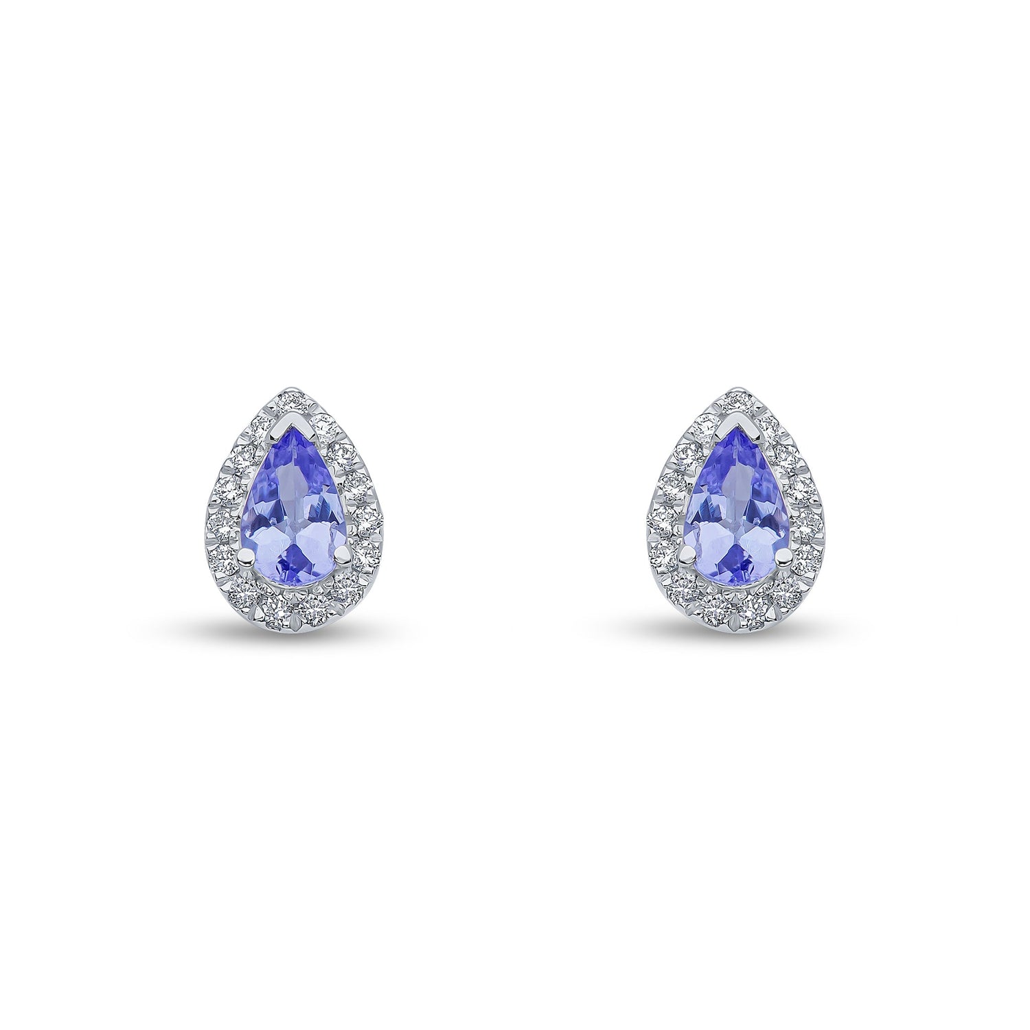 18ct White Gold Pear Shaped Natural Tanzanite and Round Diamond Claw Set Cluster Stud Earrings — 5x3mm