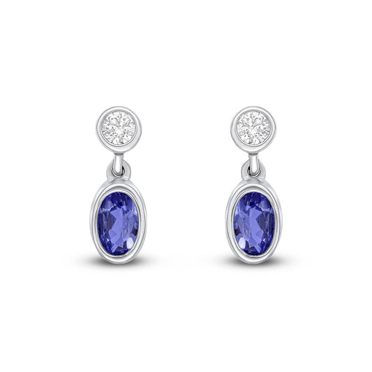 18ct White Gold Oval Tanzanite & Diamond Two Stone Drop Earrings