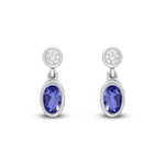 18ct White Gold Oval Natural Tanzanite & Diamond Two Stone Rubover Drop Earrings — 5x3mm
