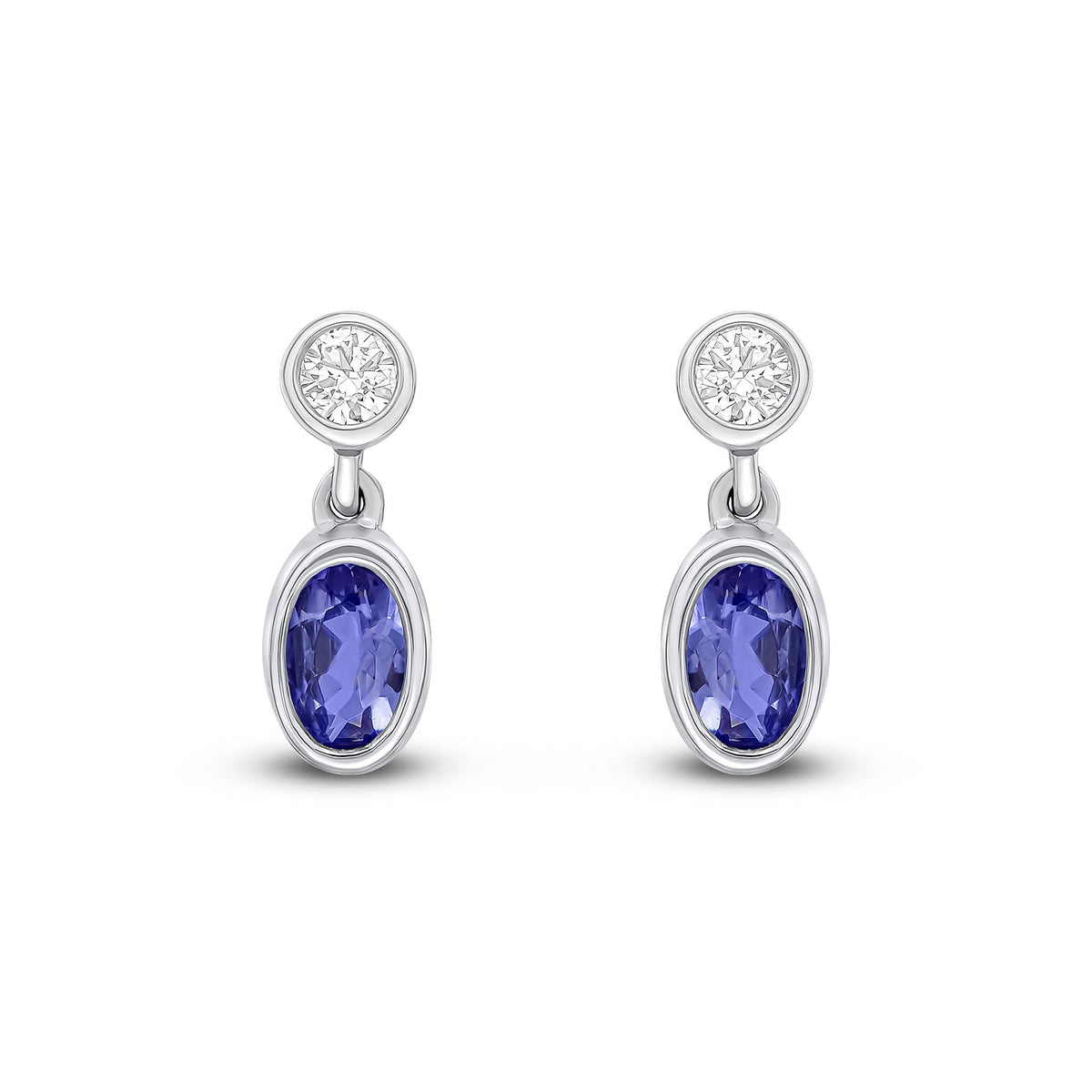 18ct White Gold Oval Natural Tanzanite & Diamond Two Stone Rubover Drop Earrings — 5x3mm