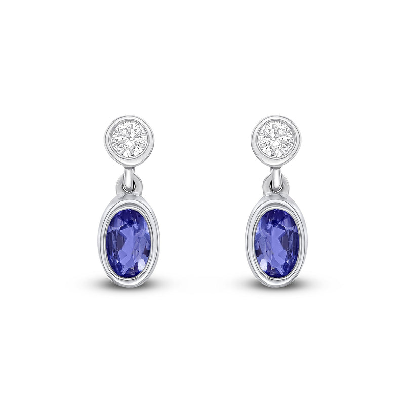 18ct White Gold Oval Natural Tanzanite & Diamond Two Stone Rubover Drop Earrings — 5x3mm
