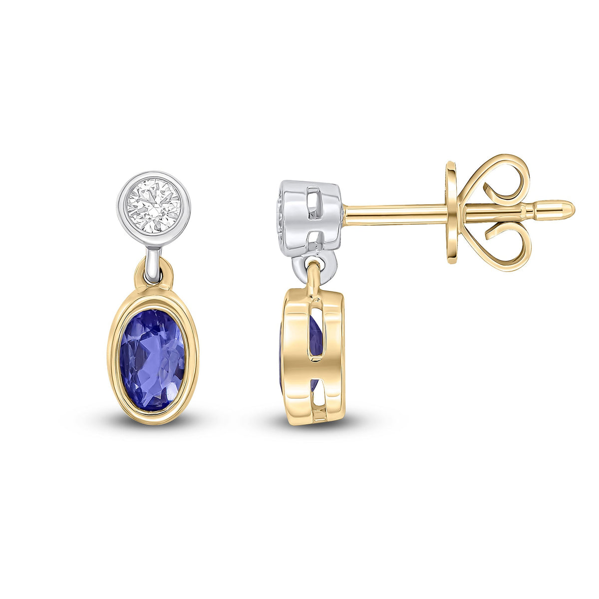 18ct Yellow and White Gold Oval Natural Tanzanite & Diamond Two Stone Rubover Drop Earrings — 5x3mm