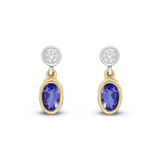 18ct Yellow and White Gold Oval Tanzanite & Diamond Two Stone Drop Earrings