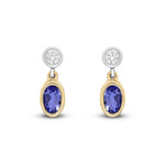 18ct Yellow and White Gold Oval Natural Tanzanite & Diamond Two Stone Rubover Drop Earrings — 5x3mm