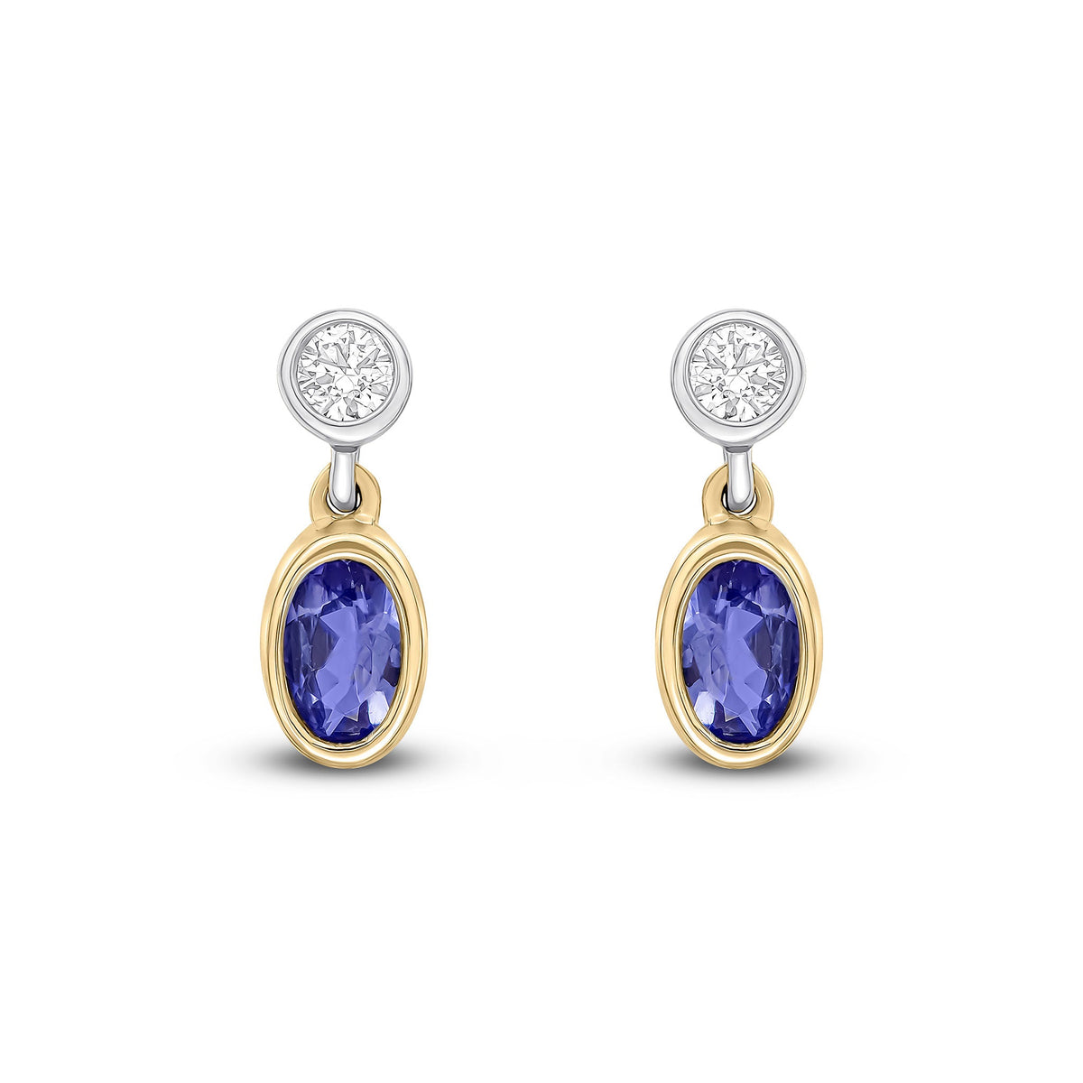 18ct Yellow and White Gold Oval Natural Tanzanite & Diamond Two Stone Rubover Drop Earrings — 5x3mm