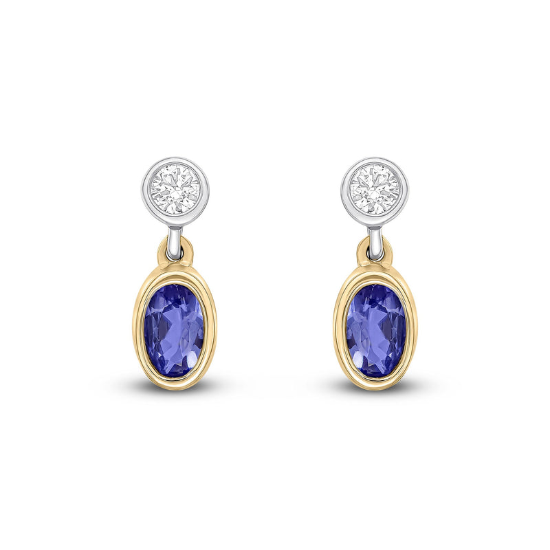 18ct Yellow and White Gold Oval Natural Tanzanite & Diamond Two Stone Rubover Drop Earrings — 5x3mm