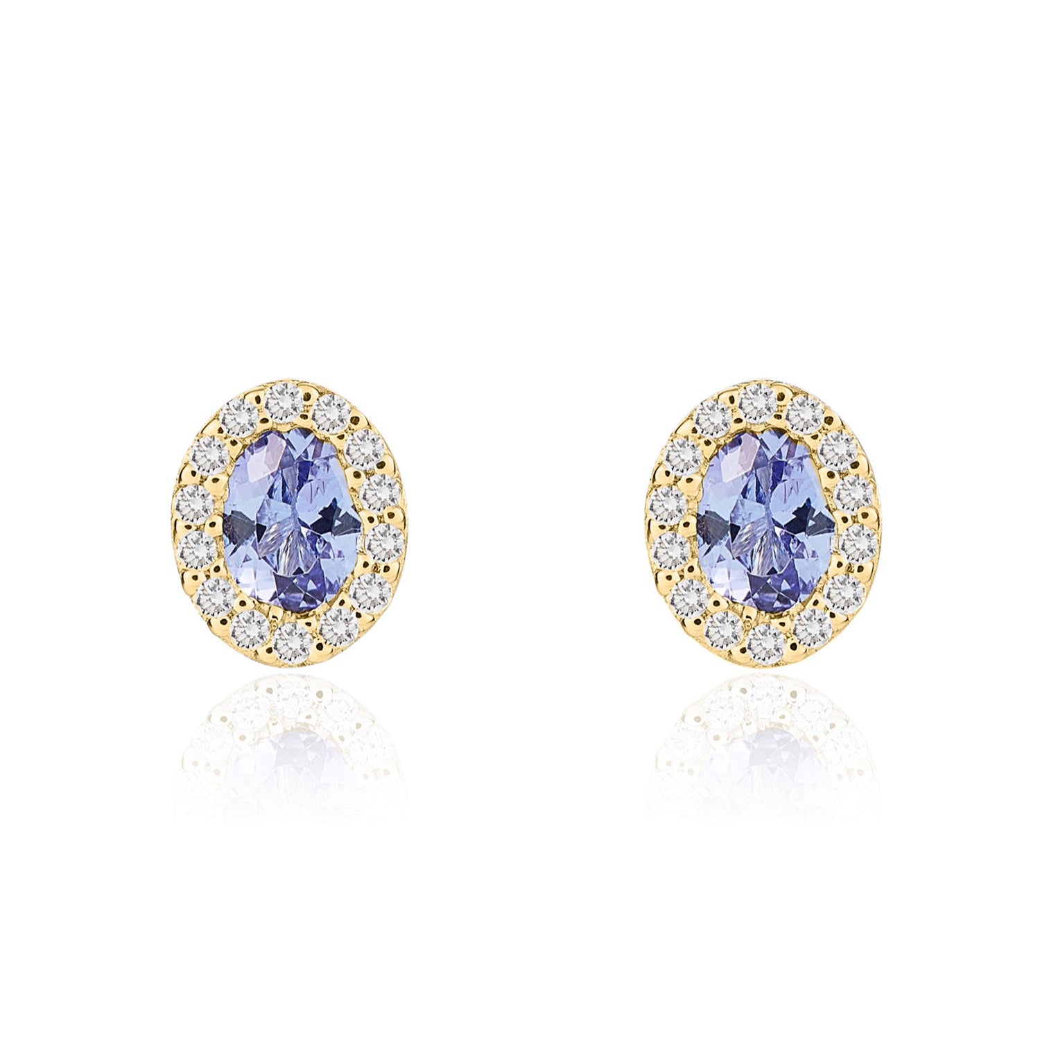 18ct Yellow Gold Oval Natural Tanzanite and Diamond Cluster Earrings — 4x3mm