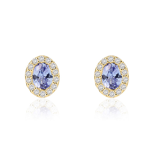 18ct Yellow Gold Oval Natural Tanzanite and Diamond Cluster Earrings — 4x3mm