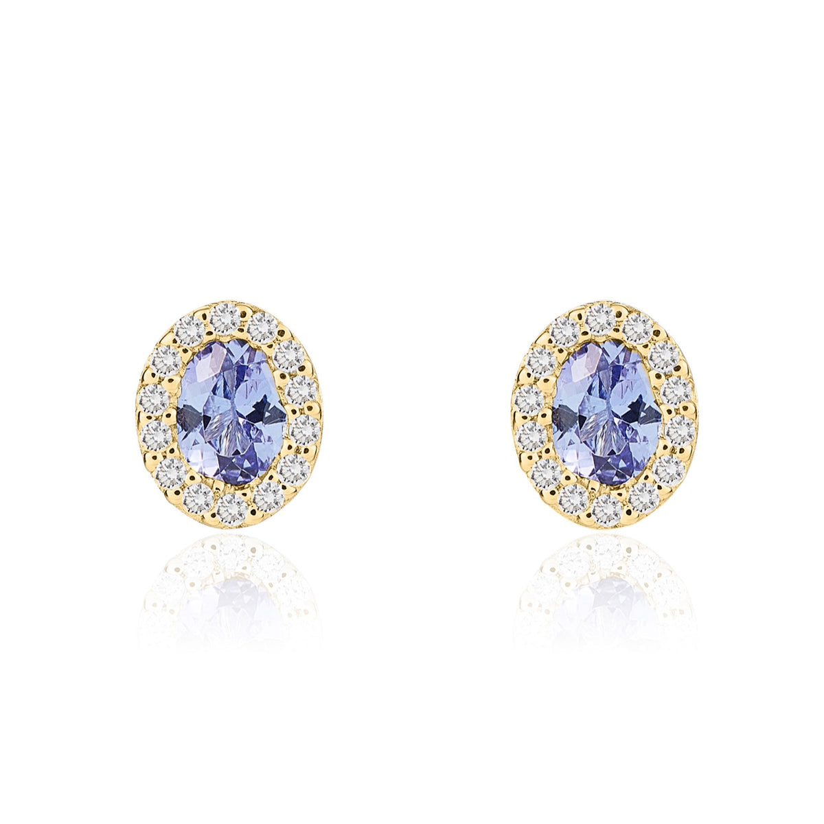 18ct Yellow Gold Oval Natural Tanzanite & Diamond Microset Cluster Stud Earrings — 4x3mm