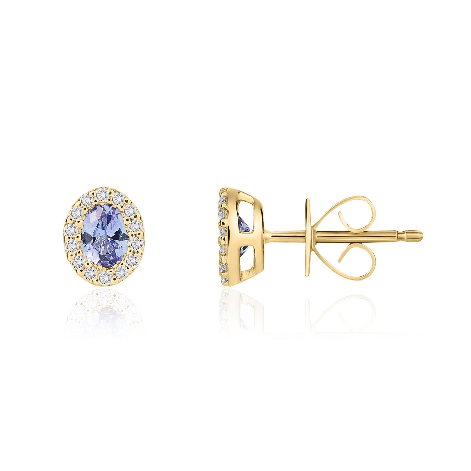 18ct Yellow Gold Oval Natural Tanzanite and Diamond Cluster Earrings — 4x3mm
