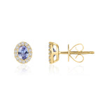 18ct Yellow Gold Oval Natural Tanzanite & Diamond Microset Cluster Stud Earrings — 4x3mm