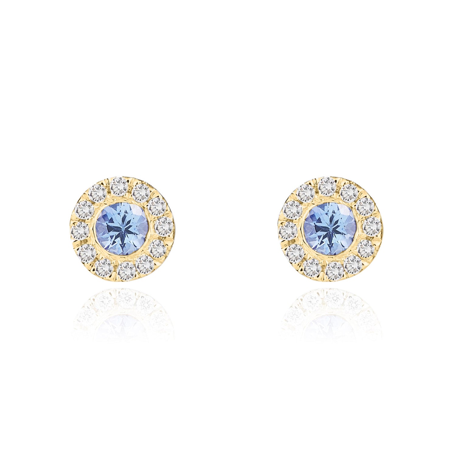 18ct Yellow Gold Round Natural Tanzanite and Diamond Cluster Earrings — 3mm