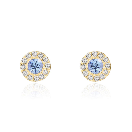 18ct Yellow Gold Round Natural Tanzanite and Diamond Cluster Earrings — 3mm